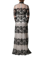 Black White Lace Silk Blend MaxiSheath Dress