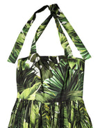 Green Leaves Print Cotton Halter Midi Dress