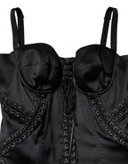 Black Satin Acetate Lace Eyelets Mini Dress