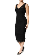 Black V-Neck Ruched Lace Hem Midi Dress