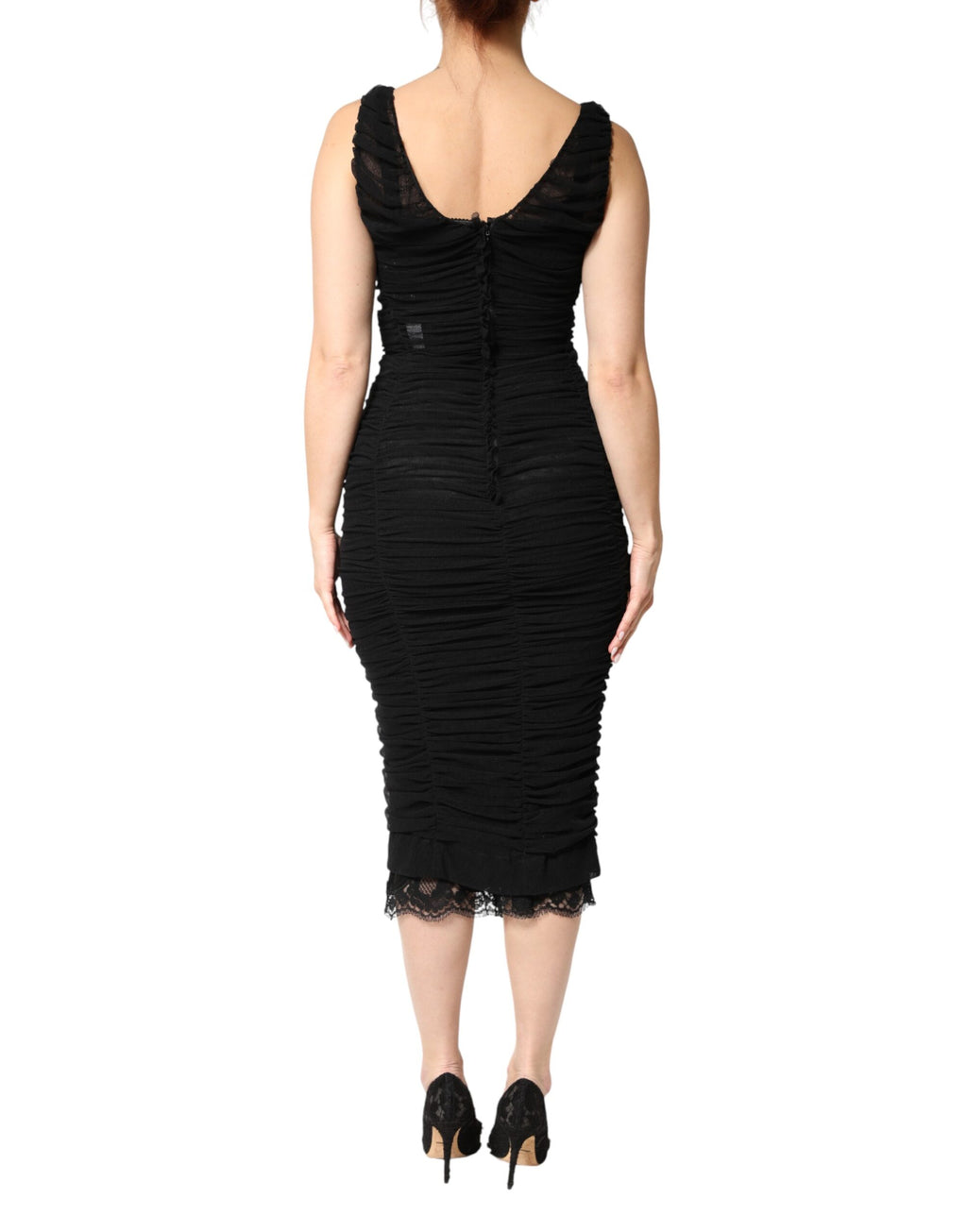 Black V-Neck Ruched Lace Hem Midi Dress