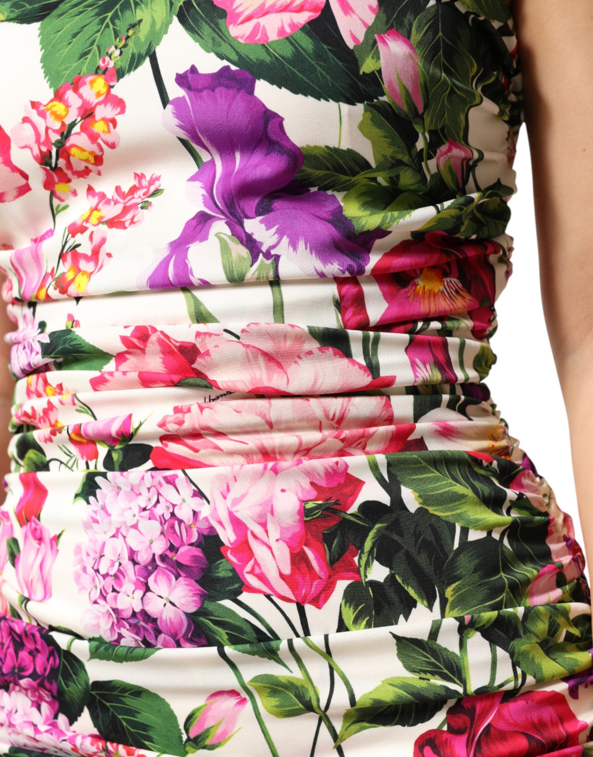 Multicolor Floral Ruched Silk Charmeuse Mini Dress