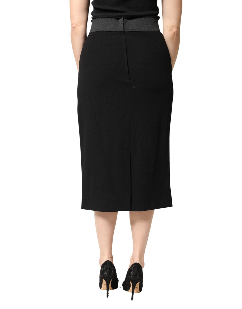 Black Wool High Waist Pencil Cut Midi Skirt