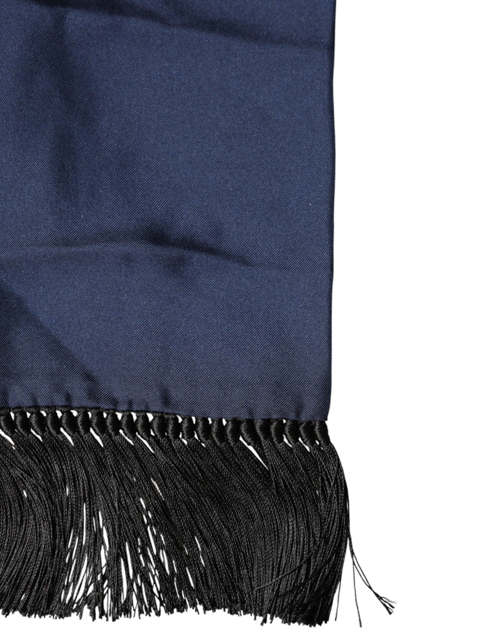 Navy Blue Silk Fringes Neck Foulard Scarf