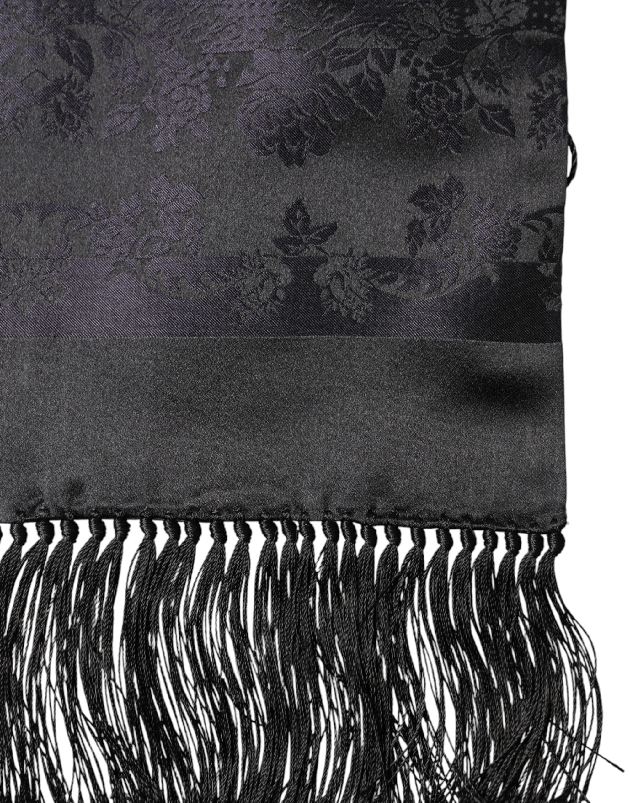 Black Satin Silk Fringes Neck Foulard Scarf