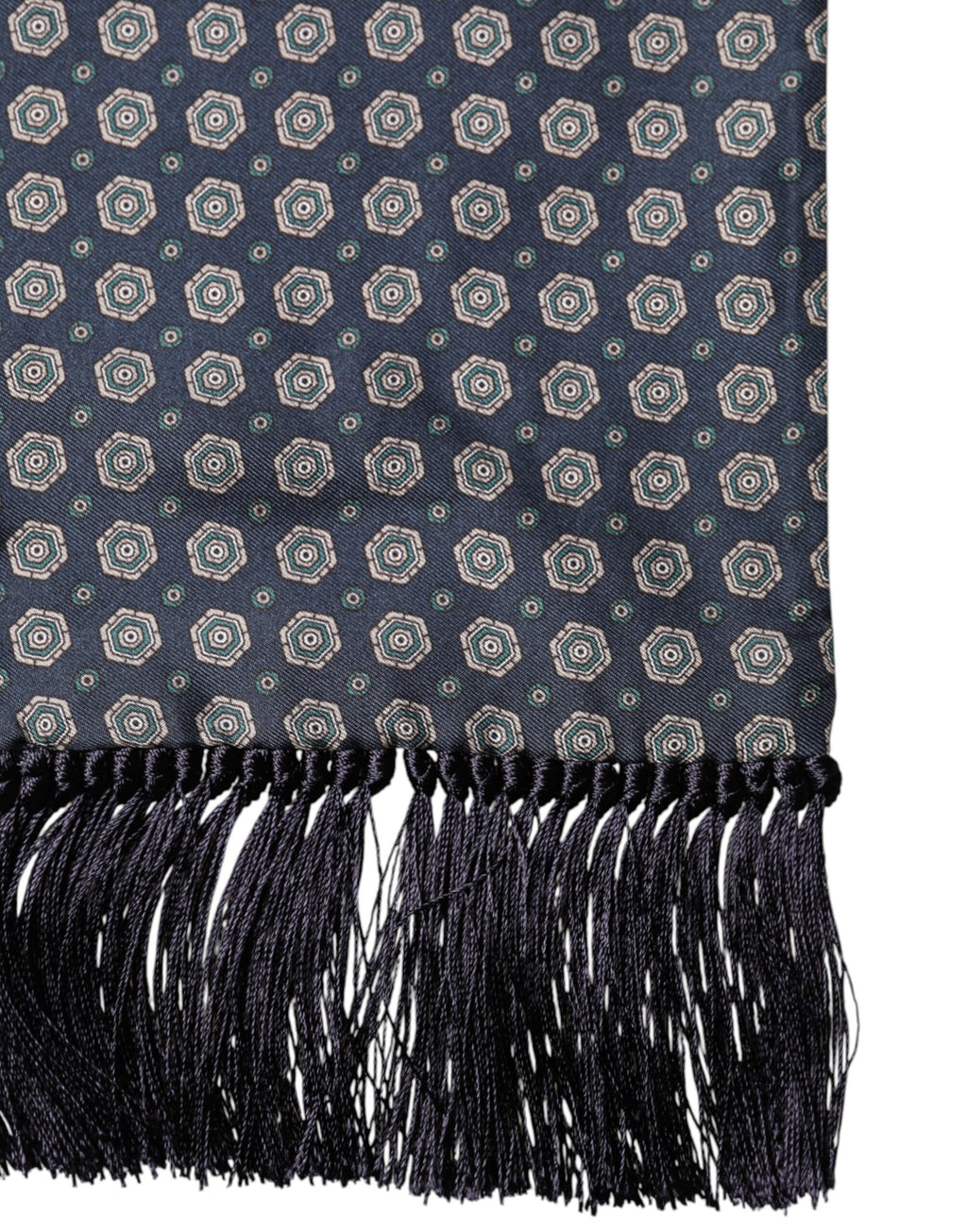 Blue Patterned Silk Fringes Foulard 138cm x 15.5cm Scarf