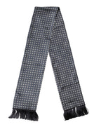 Blue Patterned Silk Fringes Foulard 138cm x 15.5cm Scarf