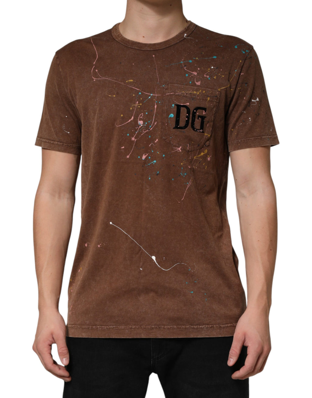 Brown Splash Color Cotton Crew Neck T-shirt