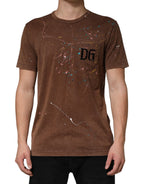 Brown Splash Color Cotton Crew Neck T-shirt