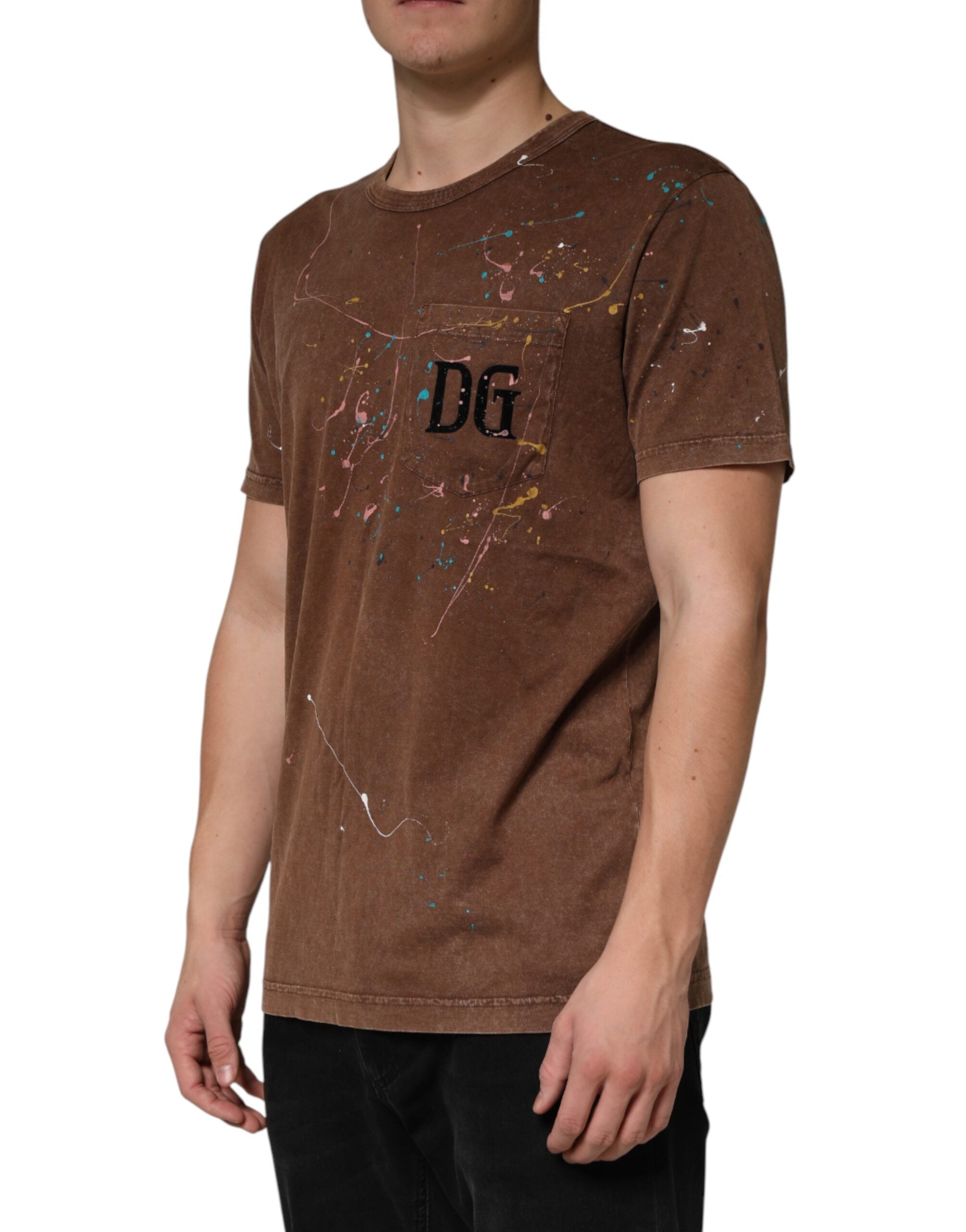 Brown Splash Color Cotton Crew Neck T-shirt