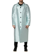 Teal Satin Collared Long Trench Coat Jacket