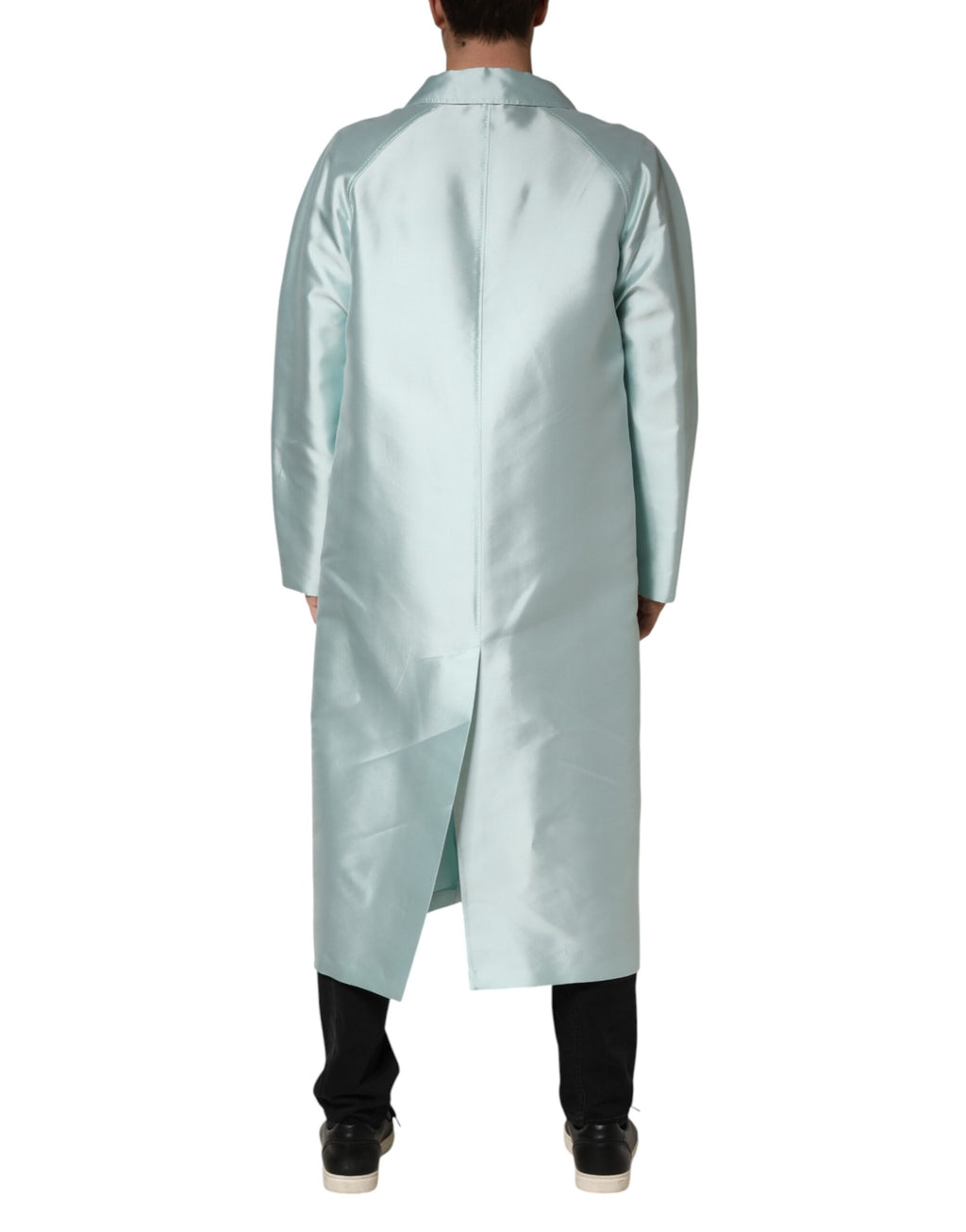 Teal Satin Collared Long Trench Coat Jacket