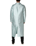 Teal Satin Collared Long Trench Coat Jacket