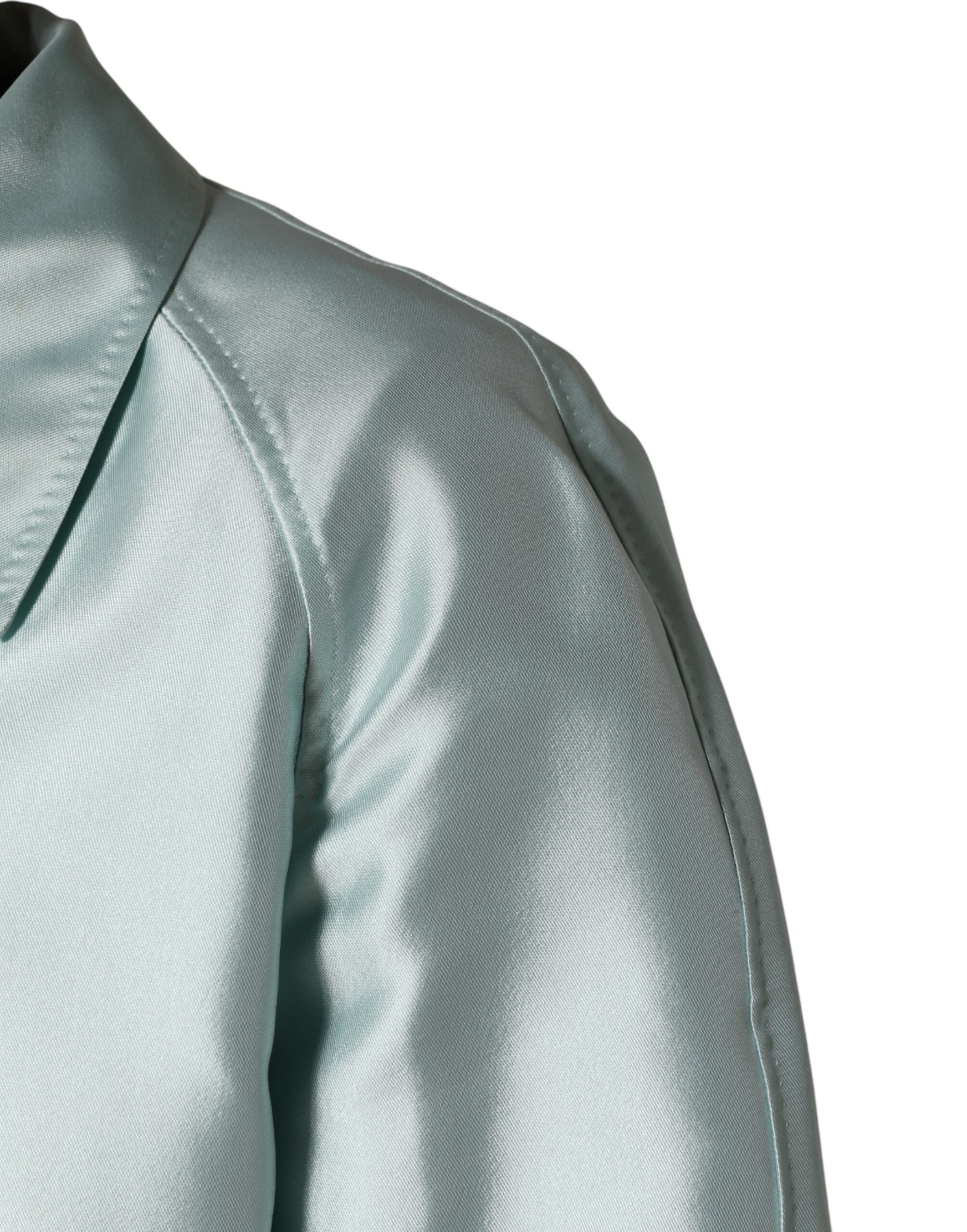 Teal Satin Collared Long Trench Coat Jacket