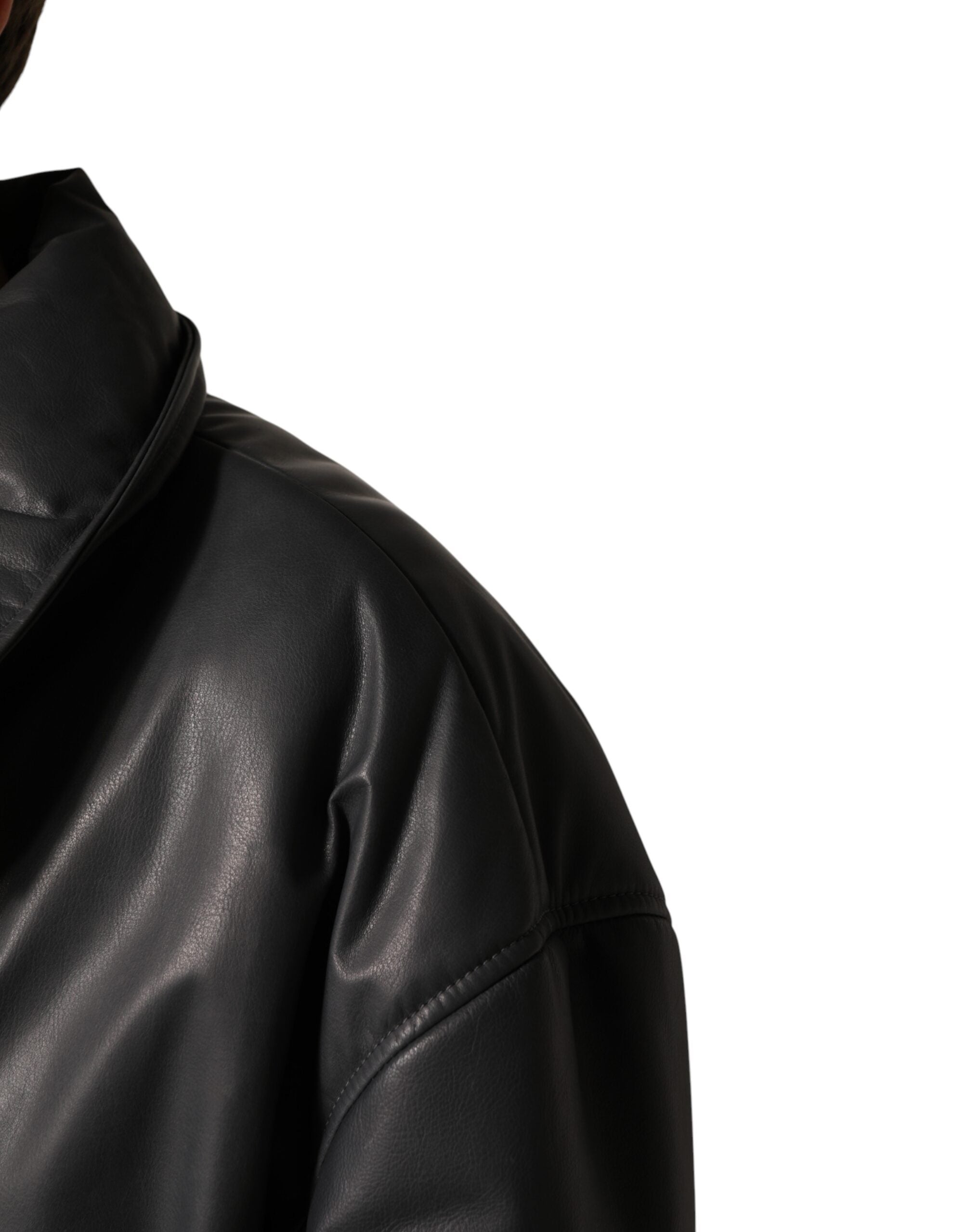 Black Leather Collared Trench Coat Jacket