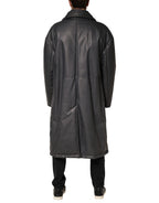 Black Leather Collared Trench Coat Jacket