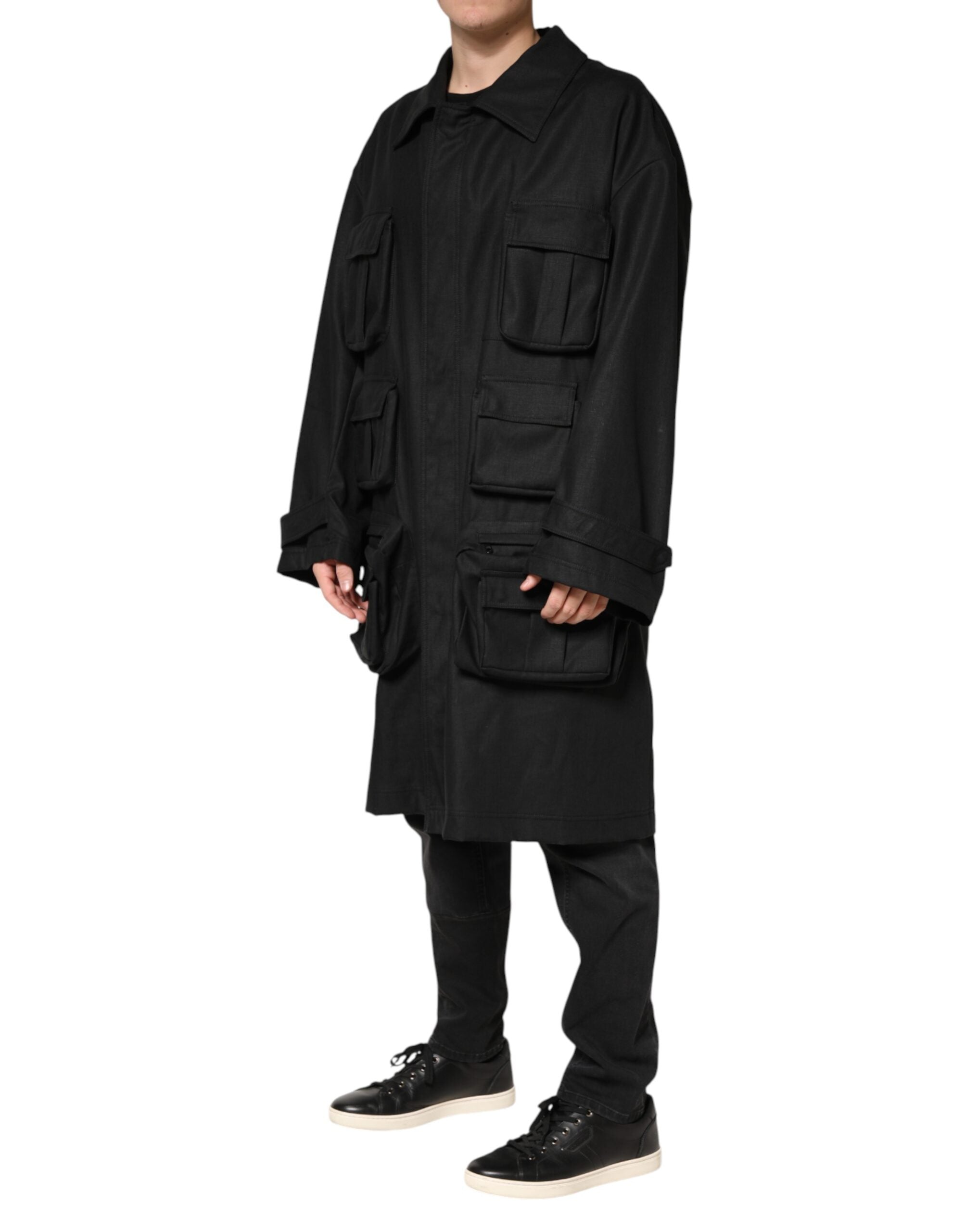 Black Pockets Collared Trench Coat Jacket