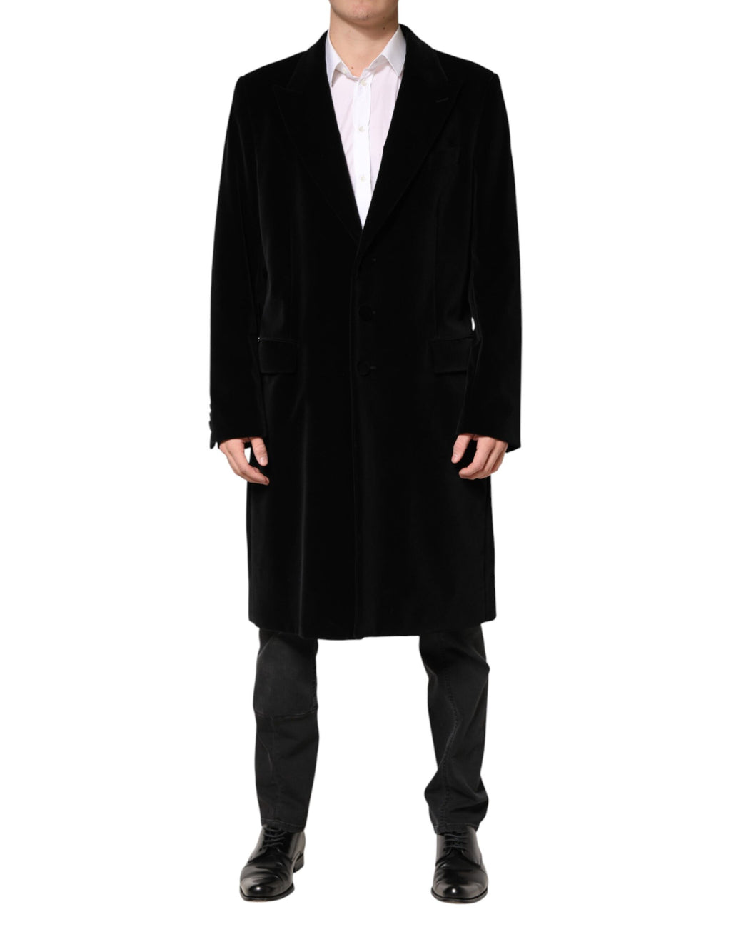 Black Cotton Velvet Long Trench Coat Jacket