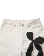 White Straight Bow Details Denim Casual Jeans